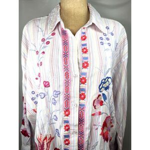 Johnny Was Workshop Plus SZ 2X Piper Floral Embroidered Striped Oversized Shirt